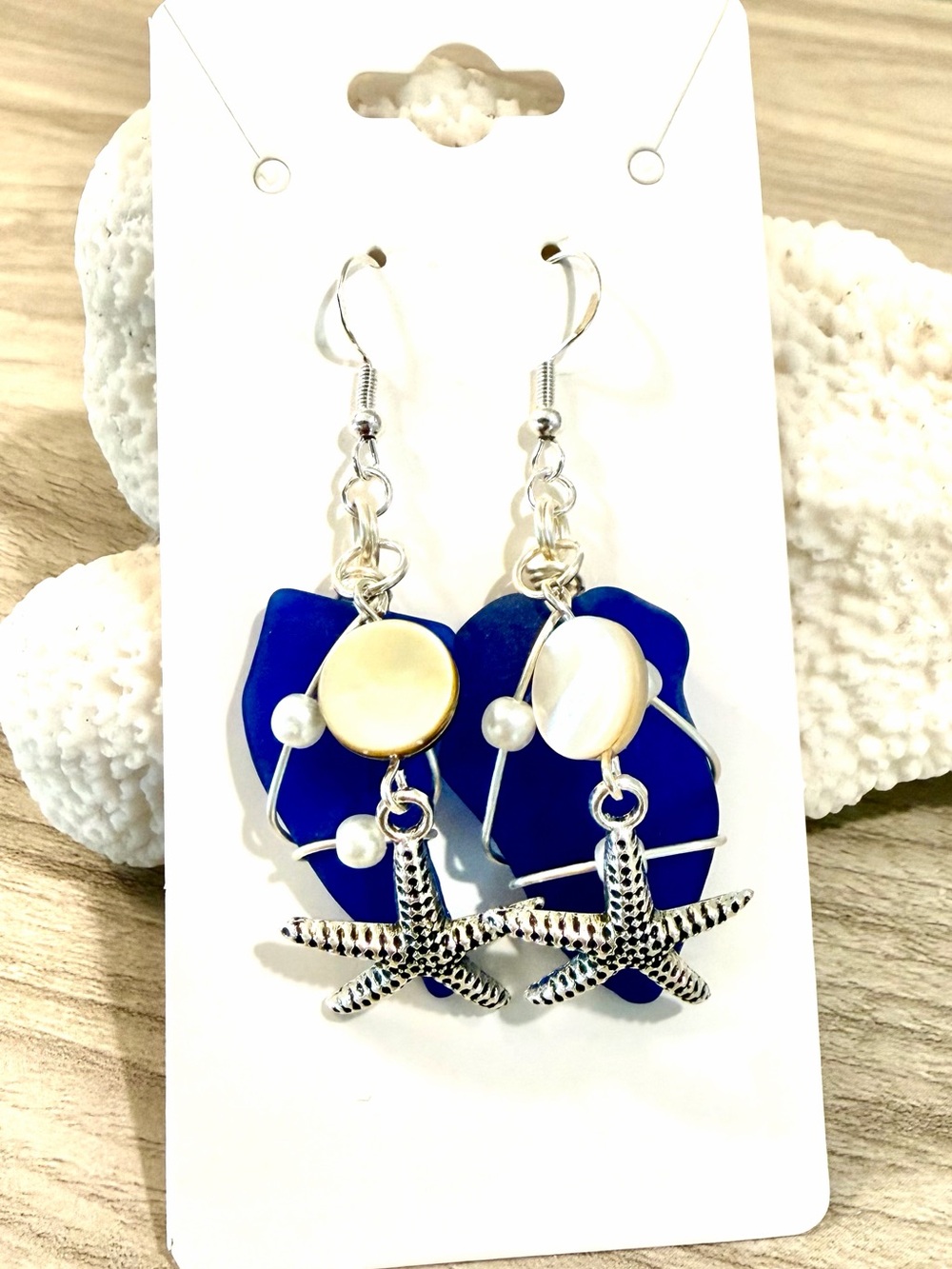 129. Silver Starfish Blue Sea Glass Drop Earrings with Mother-of-Pearl